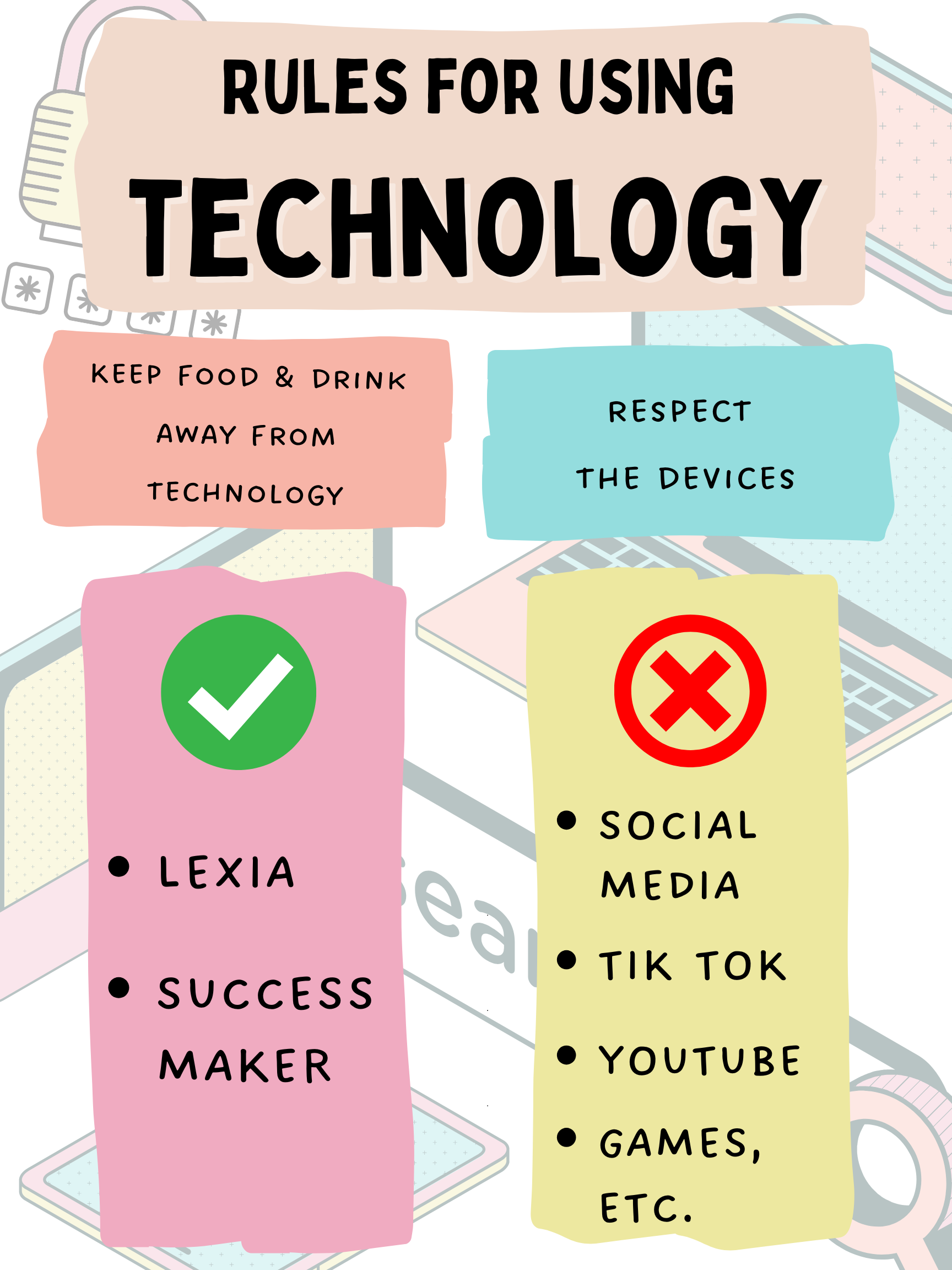 technology rules for use at home- respect the device and no food or drinks next to it. only go on lexia and success maker. no social media, tik tok, games, or youtube.