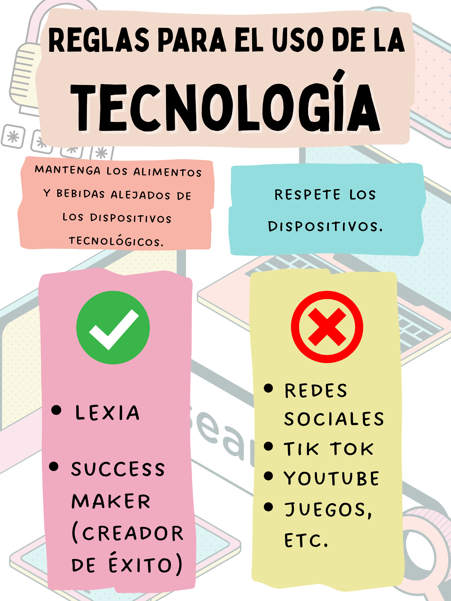 technology rules for use at home- respect the device and no food or drinks next to it. only go on lexia and success maker. no social media, tik tok, games, or youtube.
